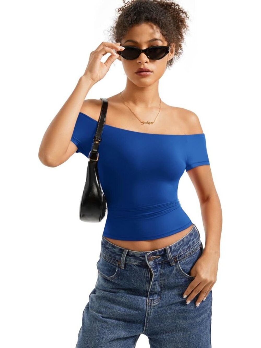 Women's Sapphire Blue Off The Shoulder Double Lined Slim Fit Imported Tops Shirt - Picture 6 of 7